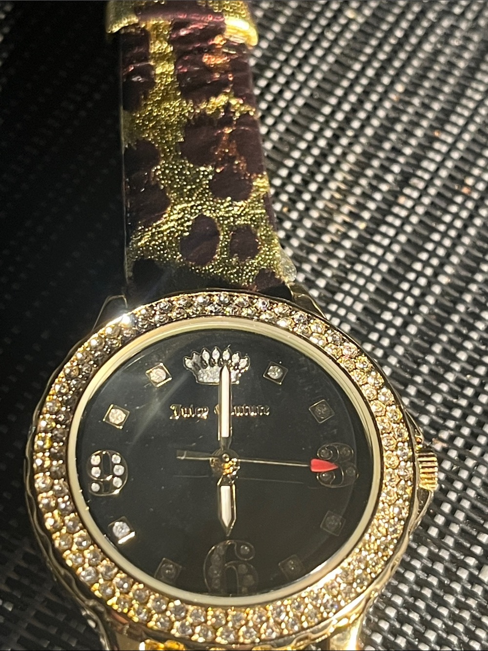 Juicy Couture Gold Crystal Watch with Black Dial and Leopard-Print Strap